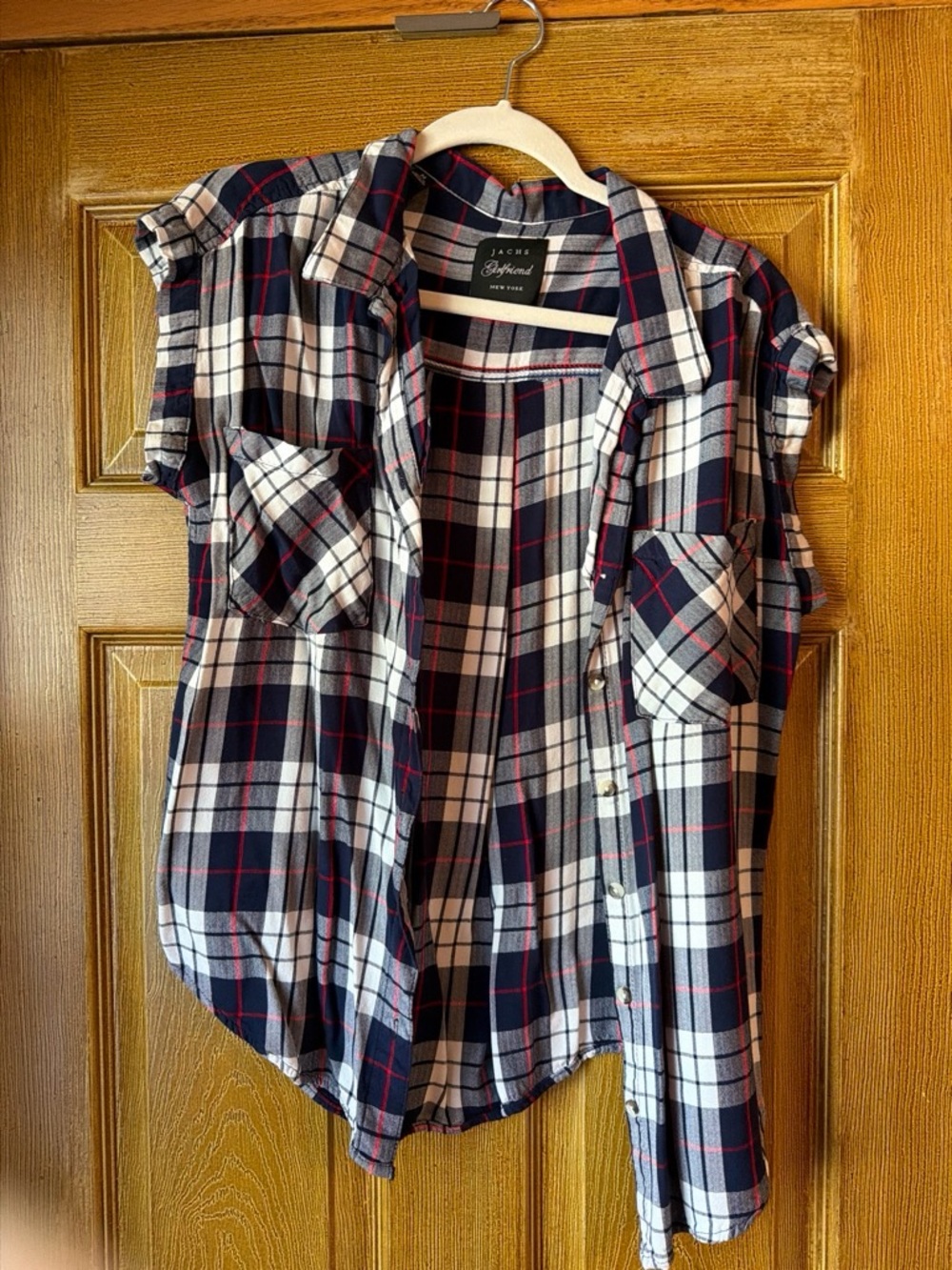 Jachs Navy White and Red Plaid Short-Sleeve Button-Down Shirt